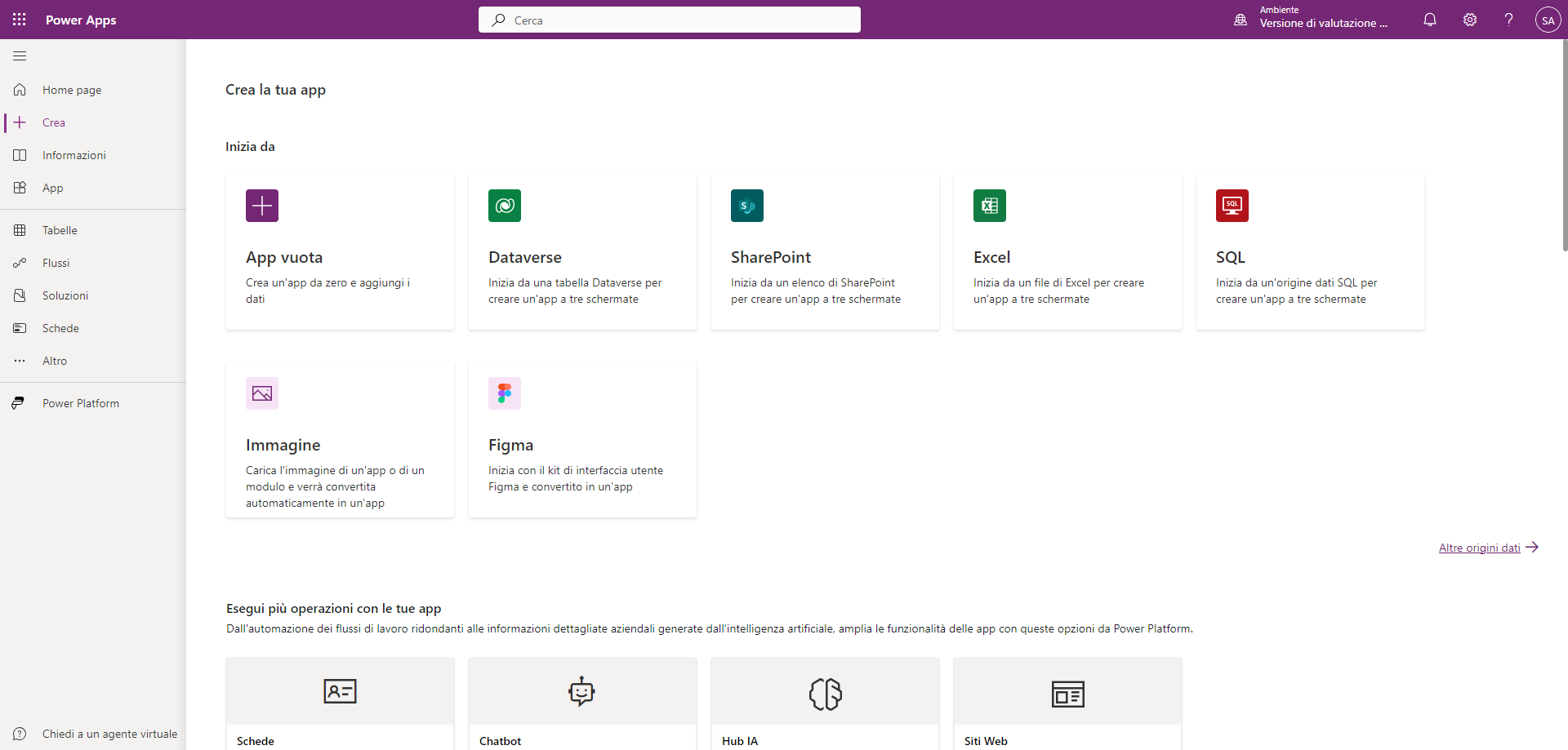 Screenshot di Power Apps con la scheda Crea ed Excel evidenziati.