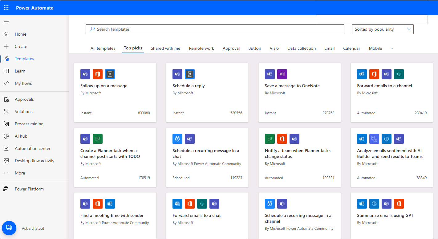 Screenshot della pagina **Modelli**, che mostra i modelli già pronti disponibili per l'uso.