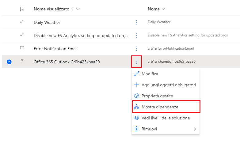 Screenshot dell'opzione Mostra dipendenze.