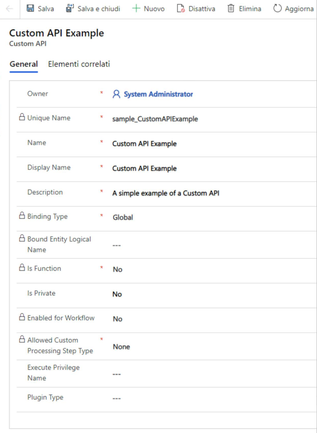 Screenshot di un record API personalizzato.
