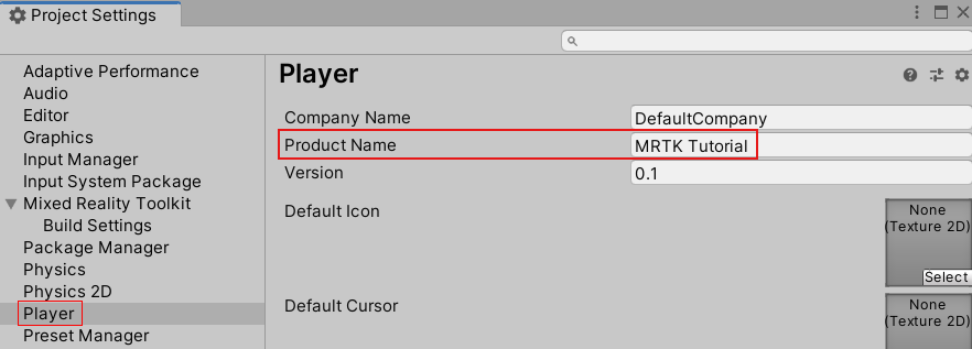 Screenshot delle Impostazioni di Pubblicazione di Unity con la casella del nome del progetto compilata.