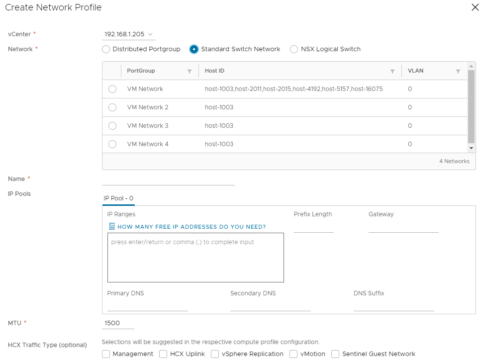 Schermata di come creare un profilo di rete nell'installazione locale di HCX Connector.