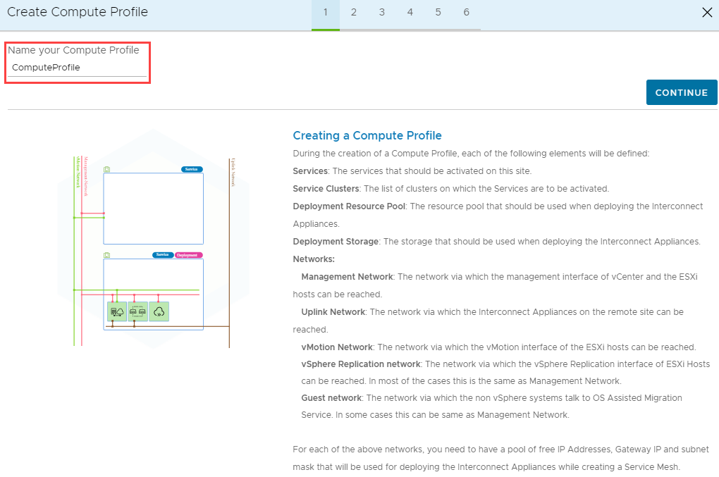 Screenshot che illustra l'immissione di un nome di profilo di calcolo e il pulsante Continue in HCX Connector locale.