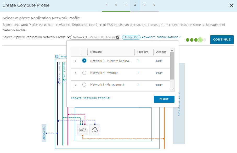 Screenshot che mostra la selezione di un profilo di rete di replica e il pulsante Continua in HCX Connector locale.
