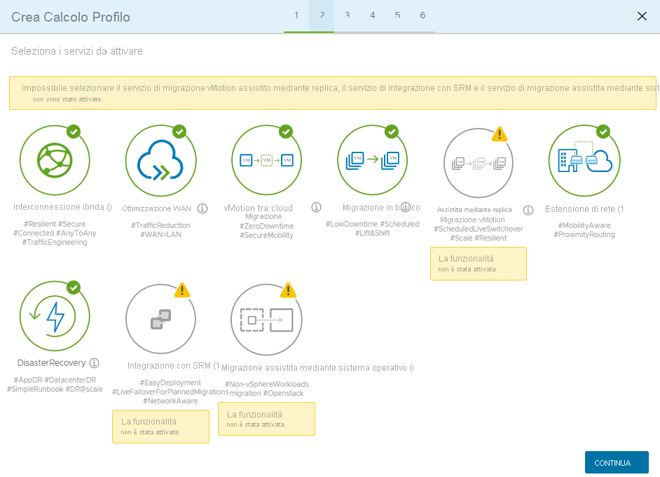 Screenshot dei servizi selezionati per l'attivazione con HCX Connector in sede.