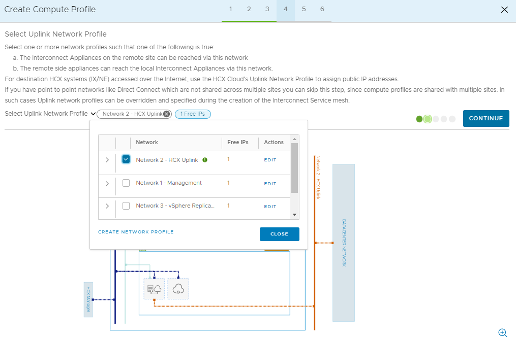 Screenshot che illustra la selezione di un profilo di rete di collegamento e il pulsante Continue in HCX Connector locale.