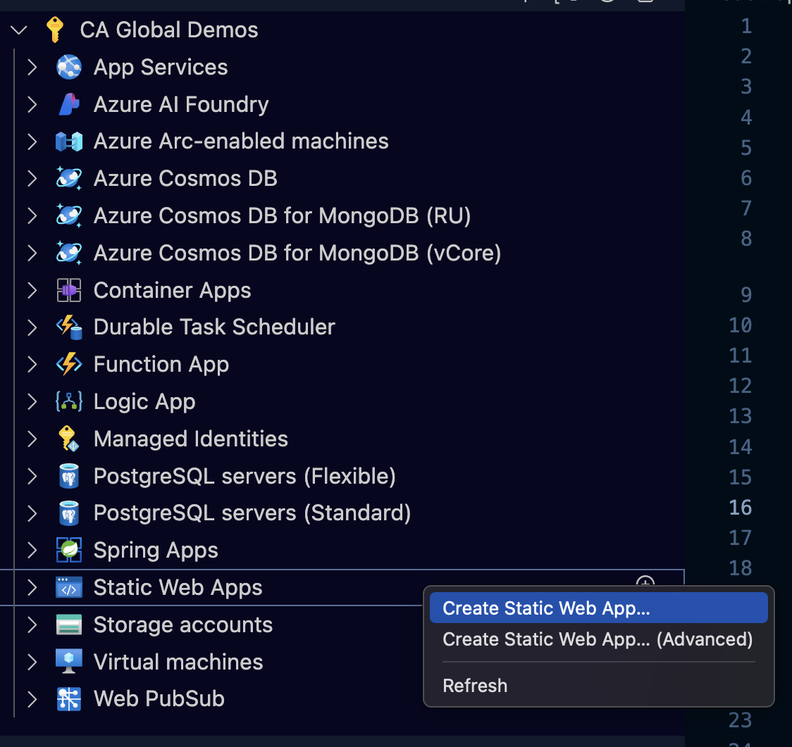 Screenshot che mostra dove passare per creare un'app Web.