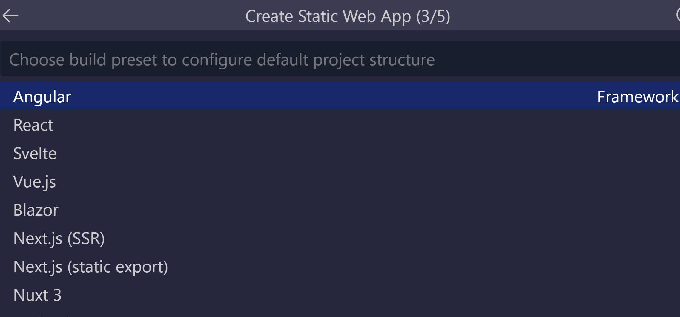 Screenshot che mostra l'opzione angular selezionata.