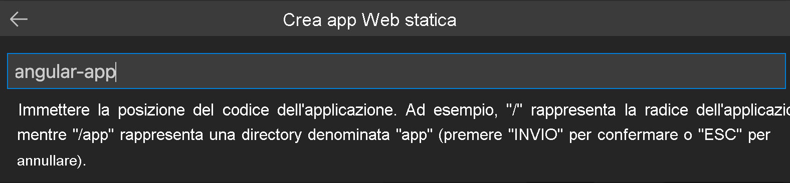 Screenshot che mostra la posizione del codice inserito come applicazione Angular.