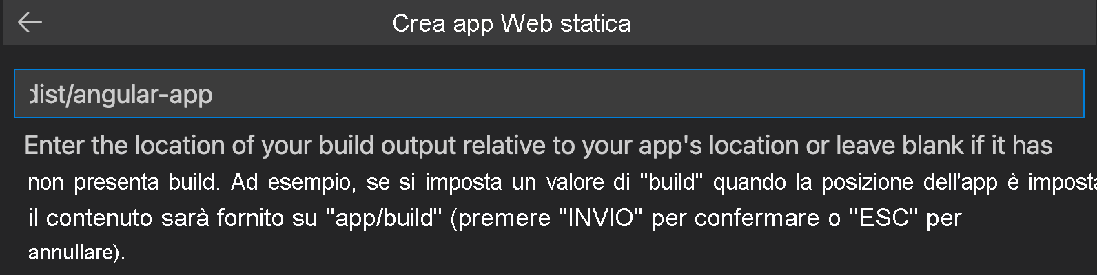 Screenshot che mostra come inserire il percorso di output della build per Angular.