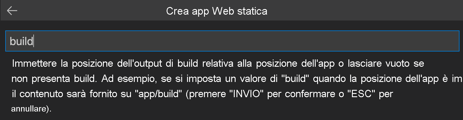 Screenshot che mostra come immettere il percorso di output del build per React.