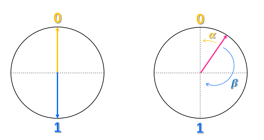 Diagramma di un cerchio con due frecce che puntano verso l'alto e verso il basso dal centro del cerchio. Le frecce rappresentano rispettivamente gli stati 0 e 1. Qualsiasi altro stato è una freccia che punta a un'altra direzione.