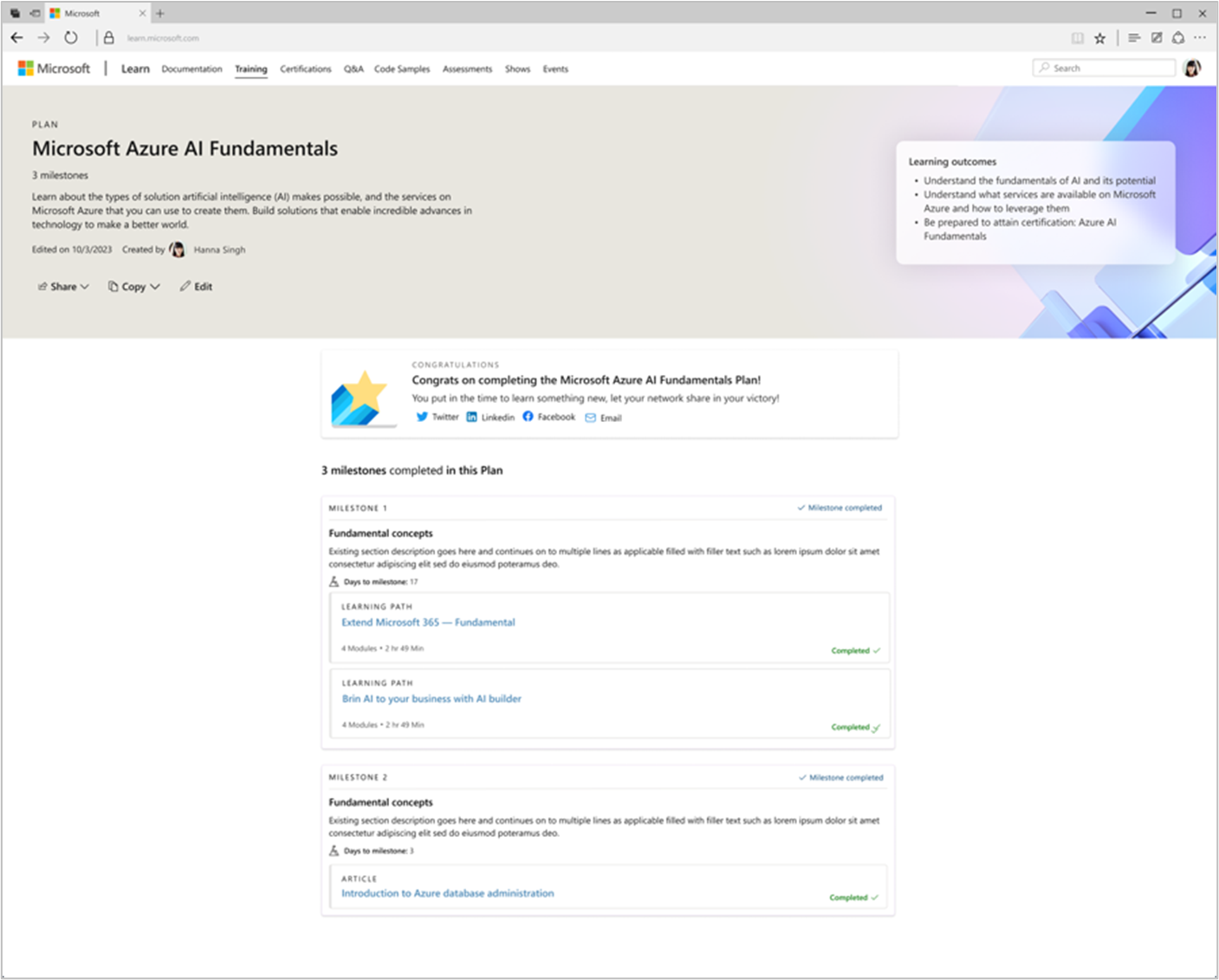 Screenshot del Piano Fondamentale di Microsoft Azure AI