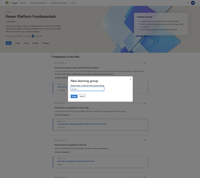 Screenshot della denominazione del nuovo gruppo di apprendimento.