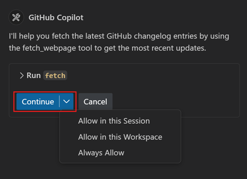 Screenshot della modalità agente che richiede la conferma.