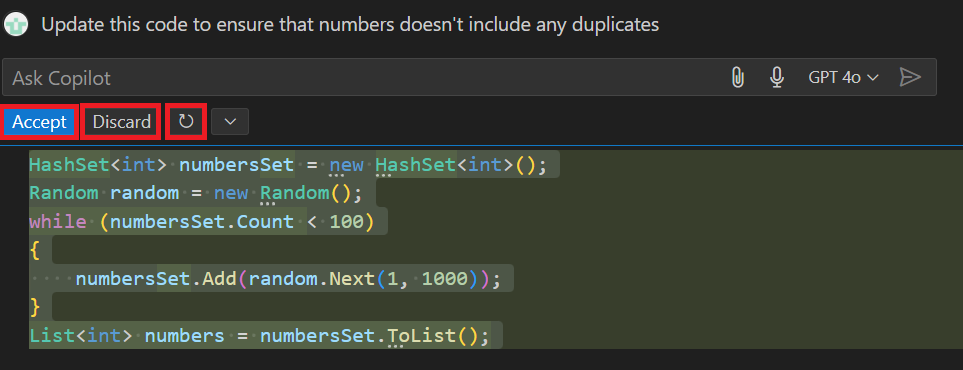 Screenshot che mostra l'aggiornamento consigliato dalla chat inline in Visual Studio Code.