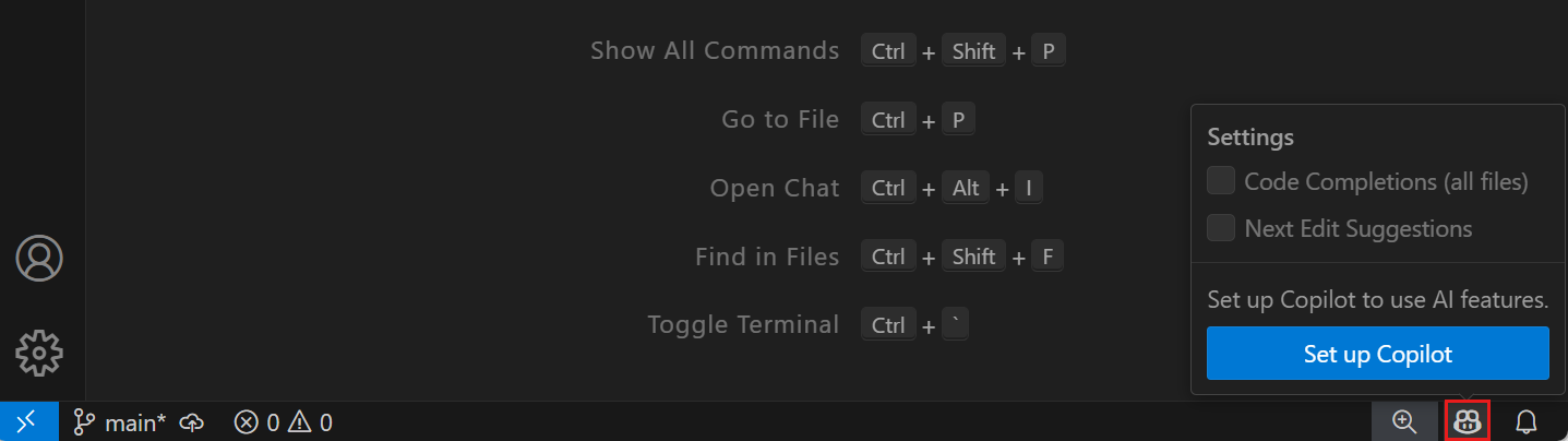 Screenshot che mostra il pulsante GitHub Copilot Settings.
