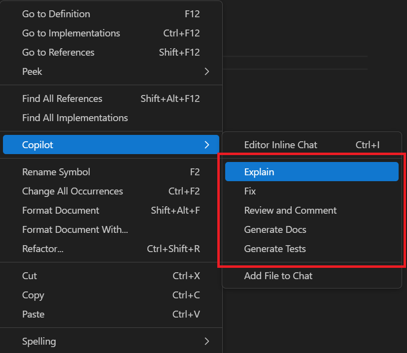 Screenshot che illustra come accedere alle azioni intelligenti in Visual Studio Code.