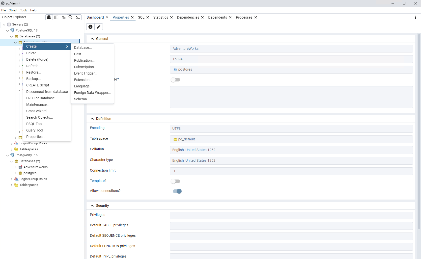 Screenshot di pgAdmin con menu che mostra varie opzioni di amministrazione.