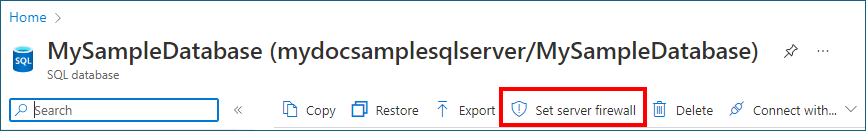 Screenshot che mostra un esempio della barra degli strumenti delle impostazioni del firewall del database SQL.
