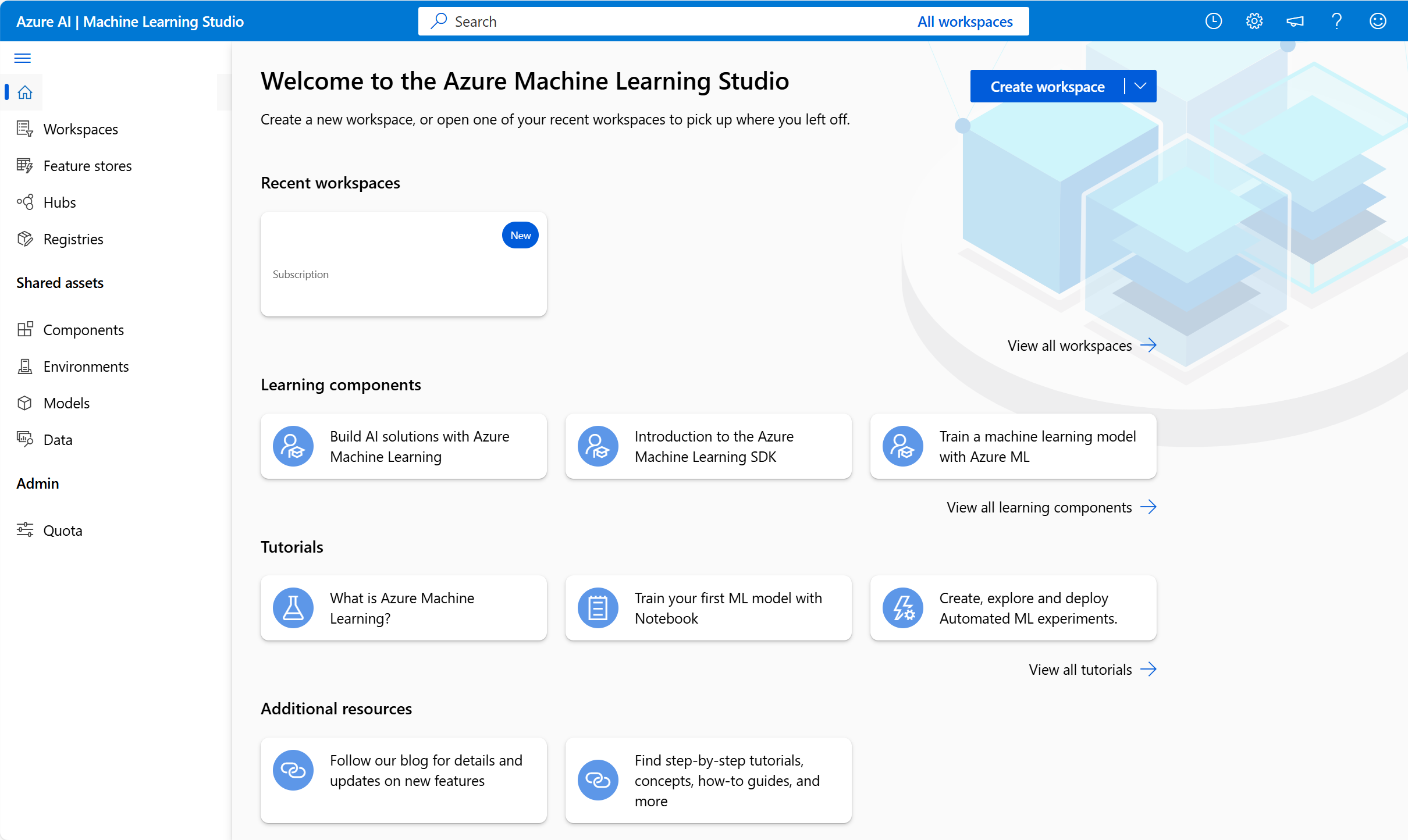 Screenshot dell'area di lavoro di Azure Machine Learning.