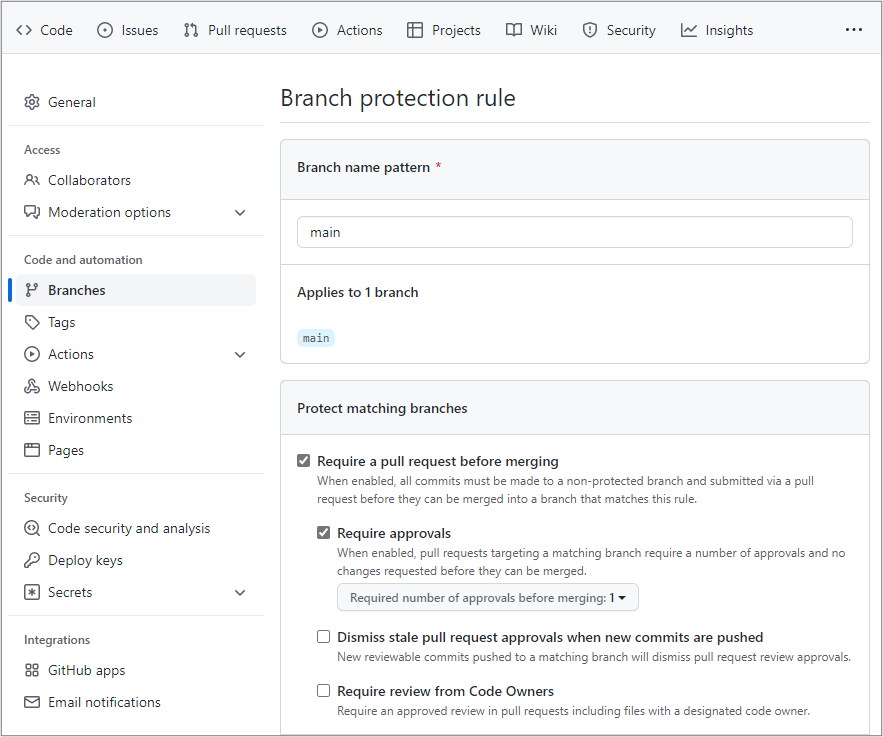 Screenshot della configurazione di una regola di protezione dei rami in GitHub.