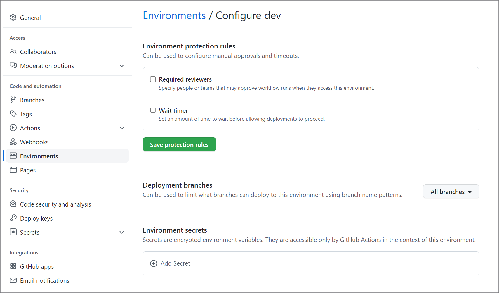 Screenshot della configurazione di un ambiente in GitHub.