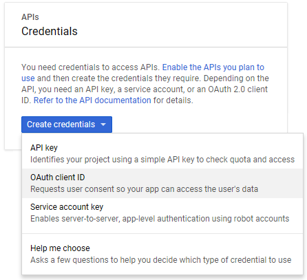 Screenshot del menu Crea credenziali delle API Google. Configura le credenziali qui.