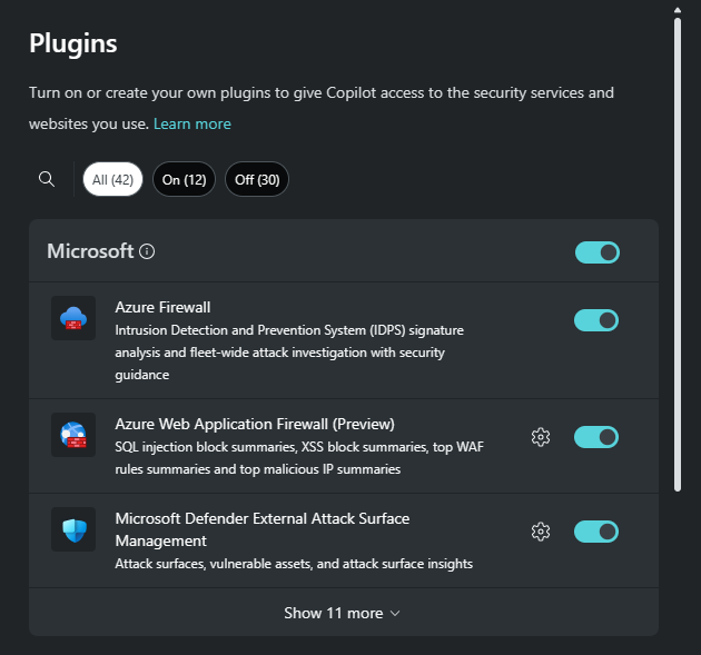 Acquisizione dello schermo della pagina dei plug-in, che mostra i plug-in Microsoft.