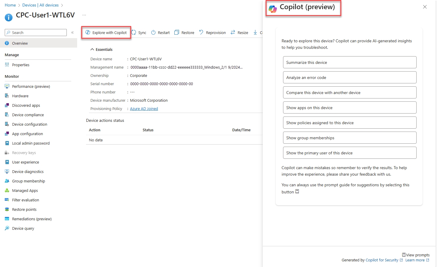 Screenshot del riepilogo dei dispositivi di Copilot in Intune, che mostra richieste che forniscono informazioni specifiche sul dispositivo e possono essere utile per la risoluzione dei problemi.