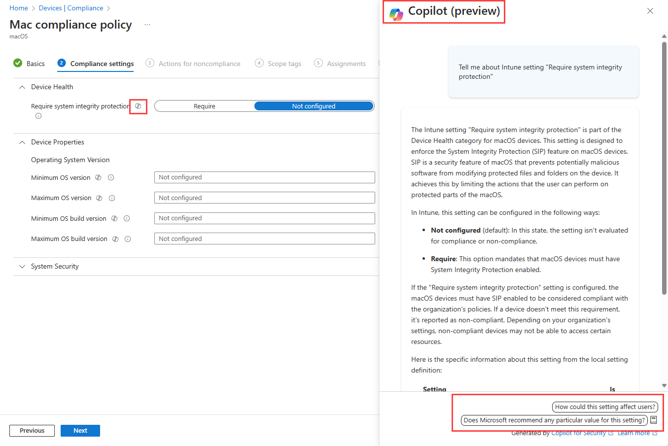 Screenshot di Copilot nell'icona della descrizione comando di Intune per un'impostazione e le informazioni generate da Copilot per tale impostazione.