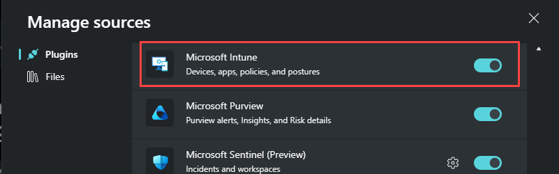 Screenshot che mostra il plug-in di Microsoft Intune abilitato.