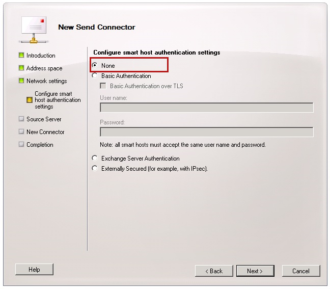 Screenshot della finestra New Send Connector (Nuovo connettore di invio) selezionando nessuna opzione per l'opzione Configure Smart host authentication settings (Configura impostazioni di autenticazione smart host).