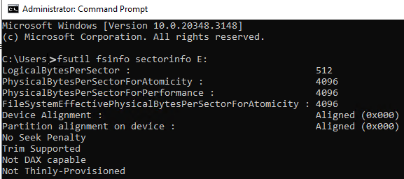 Screenshot dell'output del prompt dei comandi con dimensioni del settore da 4 KB.