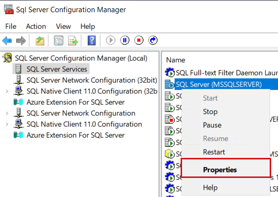 Screenshot del menu di scelta rapida del servizio SQL Server con le proprietà evidenziate.