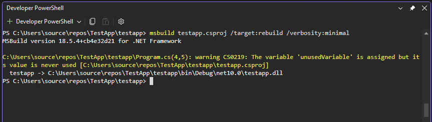 Screenshot che mostra l'output di MSBuild con una violazione della regola in un prompt dei comandi per gli sviluppatori.