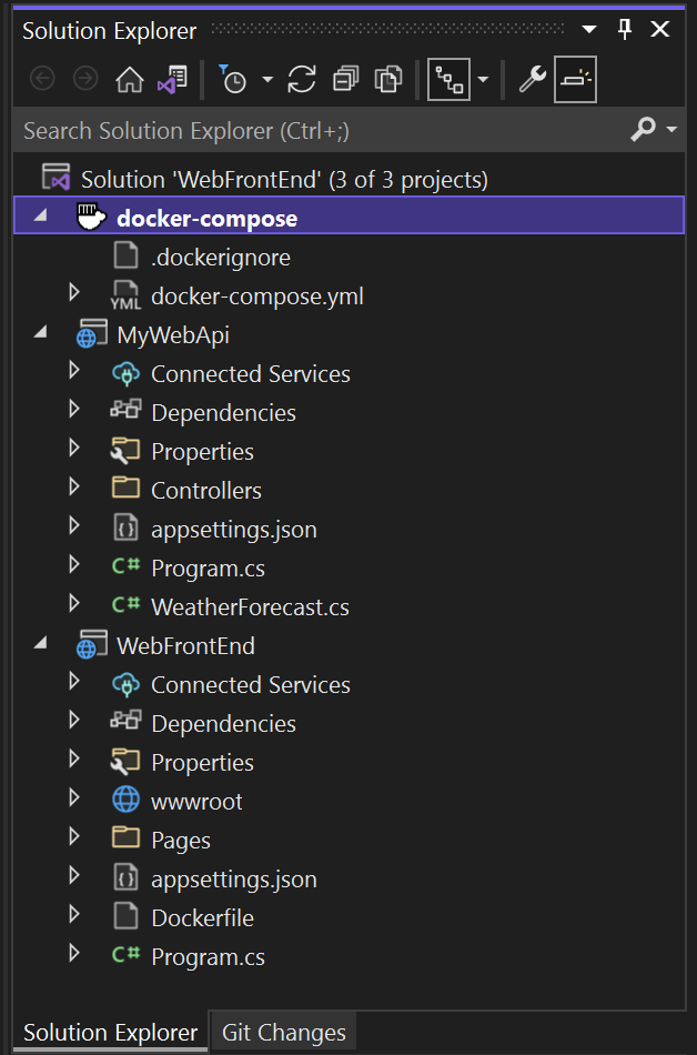 screenshot di Esplora soluzioni con il progetto Docker Compose aggiunto.