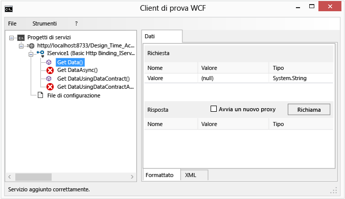 Screenshot che mostra il metodo GetData nel modulo client di test WCF.