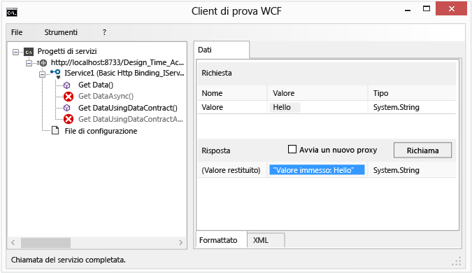 Screenshot che mostra il risultato visualizzato nella casella Risposta nella scheda GetData.