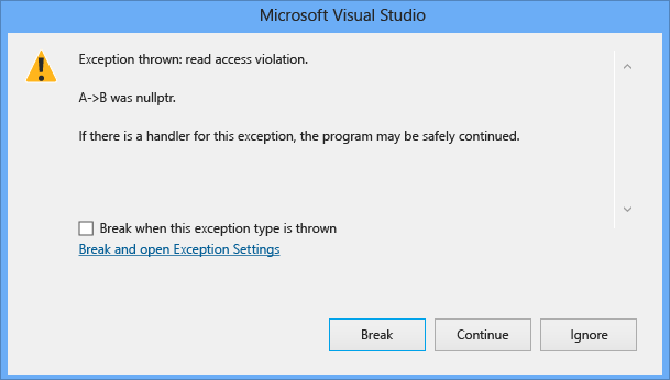 Screenshot di una finestra di dialogo di eccezione di Microsoft Visual Studio che mostra una violazione di accesso in lettura per 'A-B> was nullptr'. Il pulsante Interrompi è selezionato.