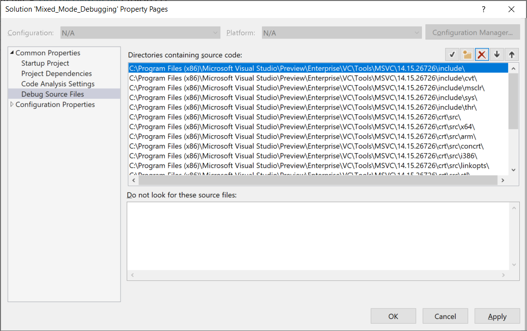 pagina dei file sorgente per il debug