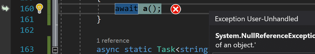 helper delle eccezioni accanto a una riga di codice