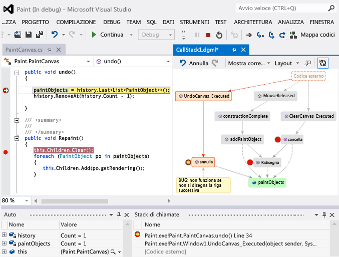 Debug con stack di chiamate nelle mappe del codice