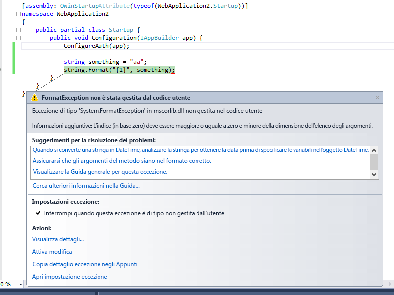 Interruzione su eccezione non gestita dall'utente