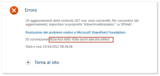 IntelliTrace - Errore di SharePoint - ID di correlazione