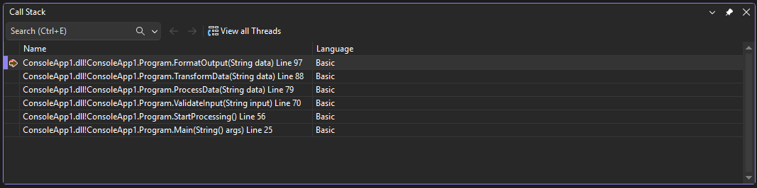Screenshot che mostra la finestra Stack di chiamate.