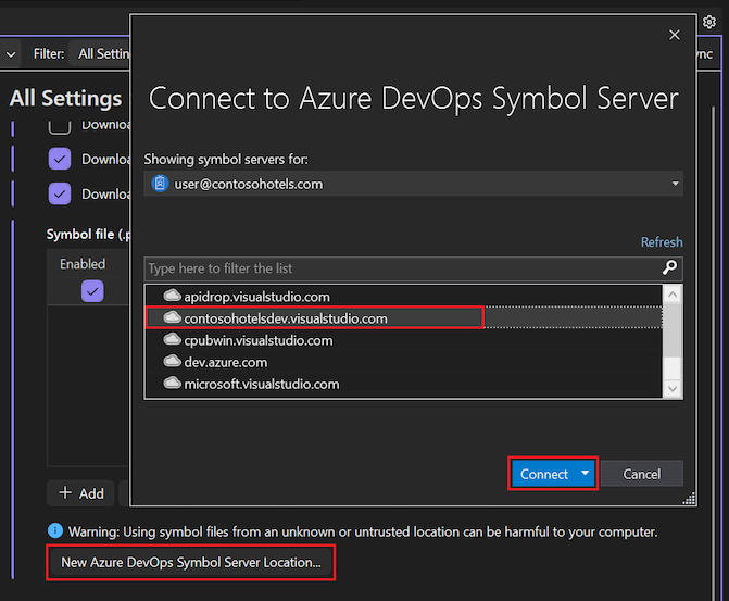 Screenshot che mostra come aggiungere un nuovo percorso del server dei simboli di Azure DevOps in Visual Studio.