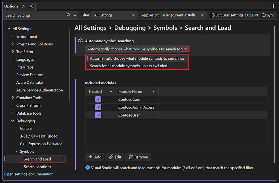 Screenshot che mostra come selezionare e configurare l'opzione Scegliere automaticamente i simboli del modulo da cercare.
