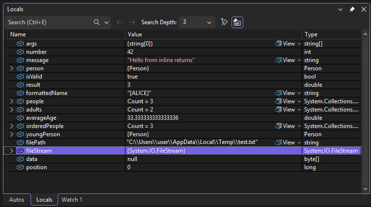 Screenshot della finestra Variabili locali, con il file impostato su un valore di tipo System.IO.FileStream.