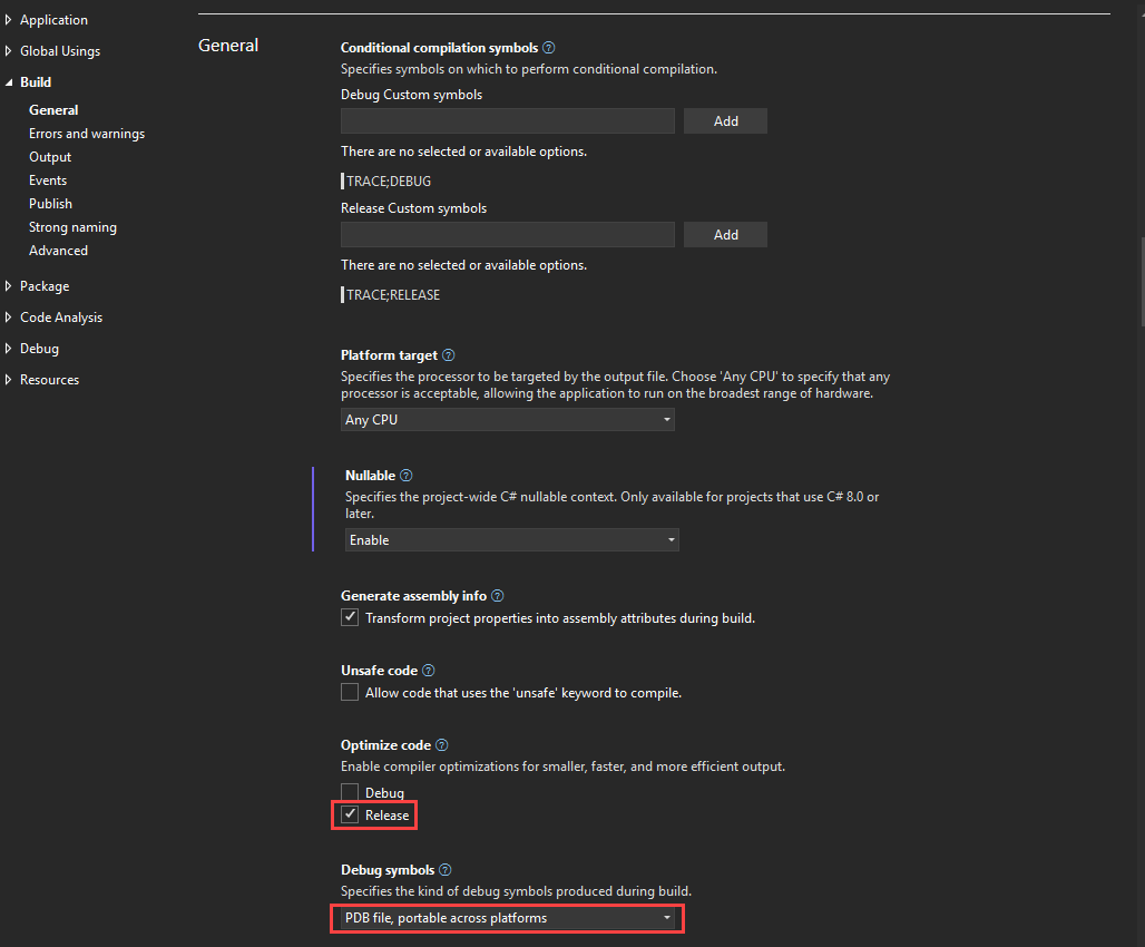 Screenshot che mostra la pagina delle proprietà della build.